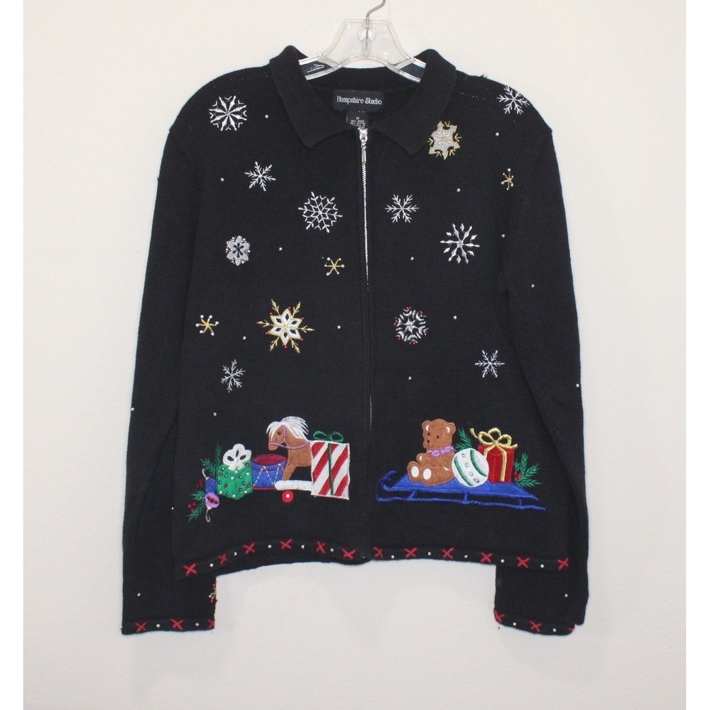 vintage Hampshire Studio Christmas Sweater Medium Black Santa full zip cardigan